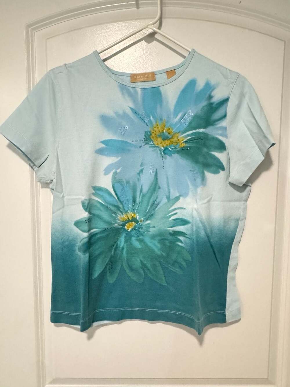 Blue Teal Floral Embellished Graphic T-Shirt Cottagecore Women’s Large